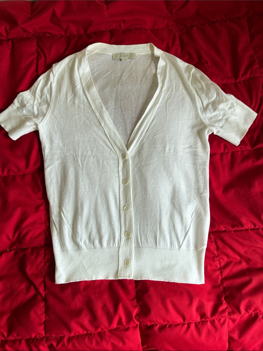 LOFT Lightweight 100% Cotton White Button-Down Short Sleeve Cardigan